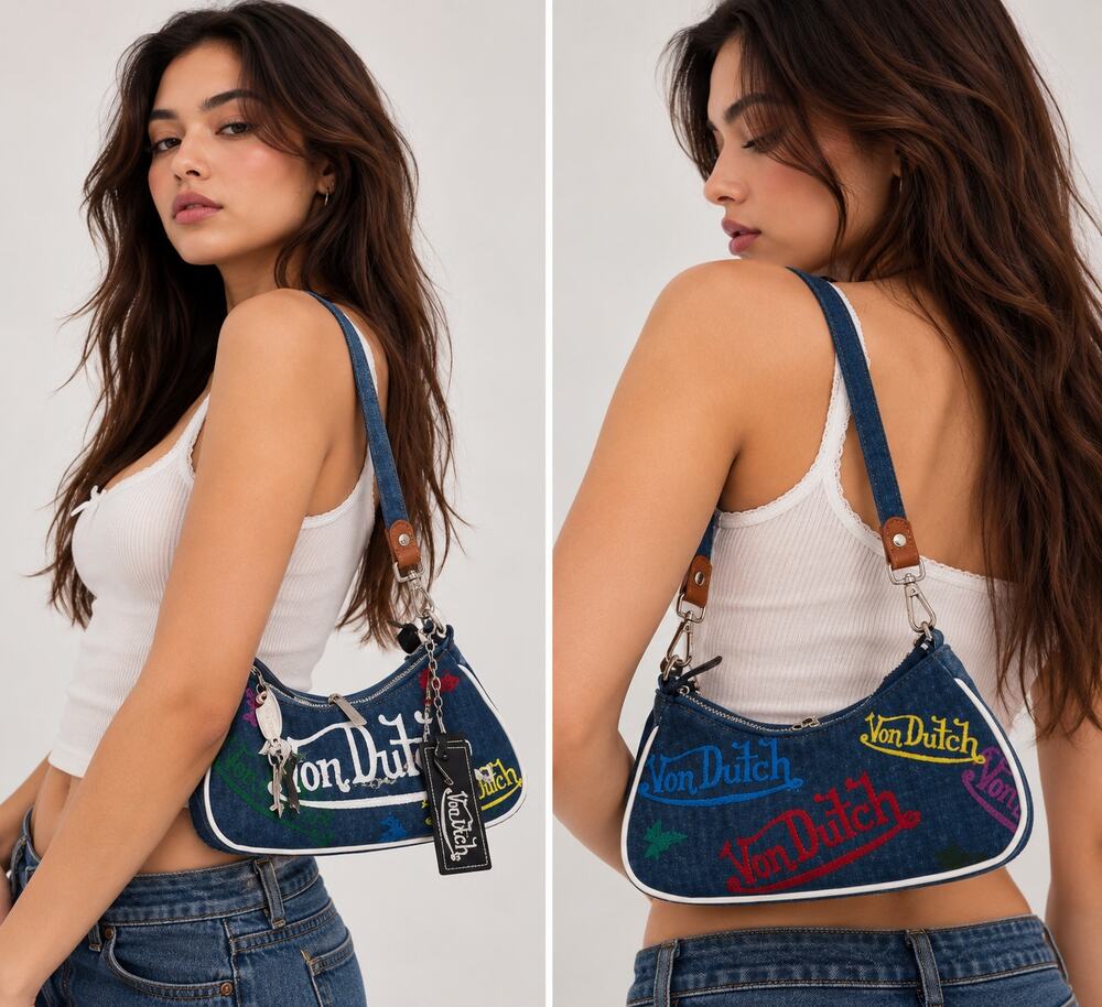 Von Dutch Dark Wash Denim Rainbow Logo Baguette Shoulder Bag NWT